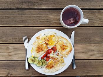 High angle view of breakfast on table