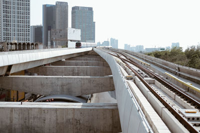 Railroad tracks amidst buildings in city against sky