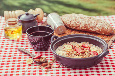 High angle view of breakfast served on table