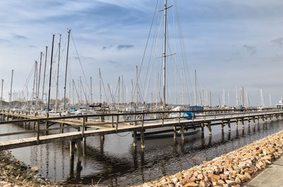 Sailboats moored at harbor against sky