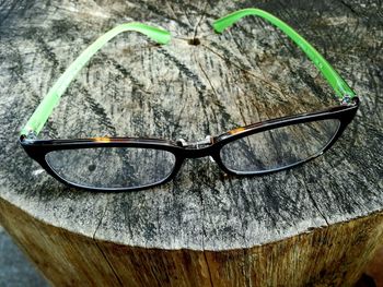 High angle view of eyeglasses on sunglasses