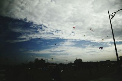 Flock of birds flying against sky