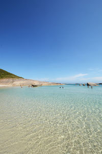 Scenic view of sea against clear blue sky