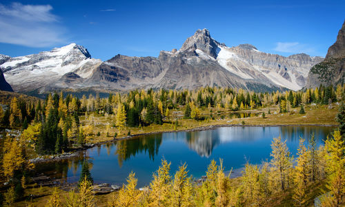 Scenic view of lake and mountains against sky