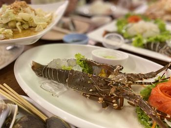 High angle view of food in plate on table