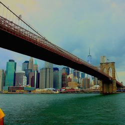 Bridge over river in city against sky