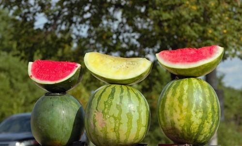 Watermelons with slices on table