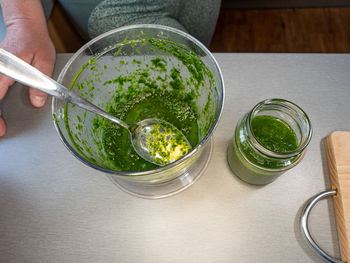 High angle view of drink on table