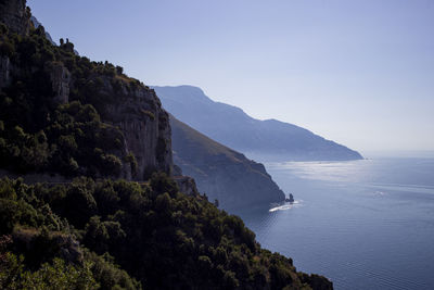 Scenic view of bay against clear sky