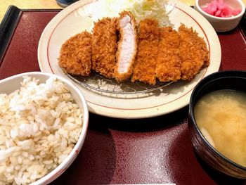 High angle view of meal served on table