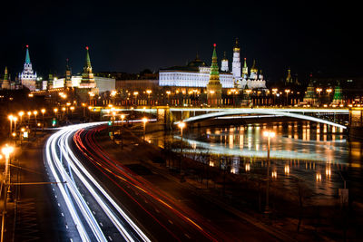 High angle view of light trails at night