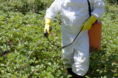 Midsection of man spraying chemical on plants