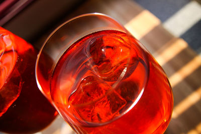 High angle view of red wine in glass