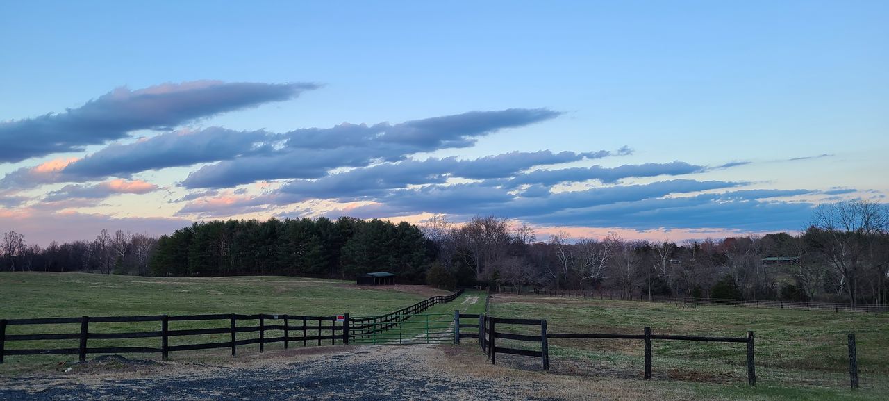 sky, nature, landscape, environment, plant, cloud, tree, fence, scenics - nature, morning, beauty in nature, land, hill, no people, rural area, tranquility, grass, field, tranquil scene, railing, rural scene, horizon, non-urban scene, outdoors, dusk, blue, split-rail fence, security, idyllic, day, forest, meadow