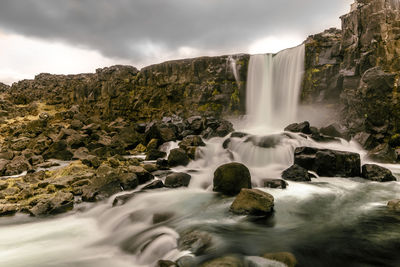 Scenic view of waterfall against sky