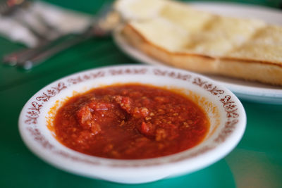 High angle view of soup in bowl on table