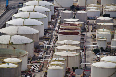 High angle view of silos at commercial dock, barcelona 