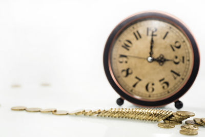 Close-up of clock on table