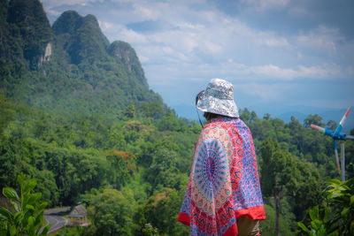 Rear view of person looking at mountain against sky