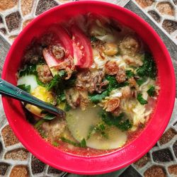 High angle view of soup in bowl