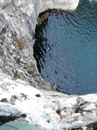 High angle view of sea by rocks