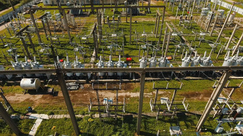 Power plant, transformation station, cables and wires. high voltage electric power substation. 