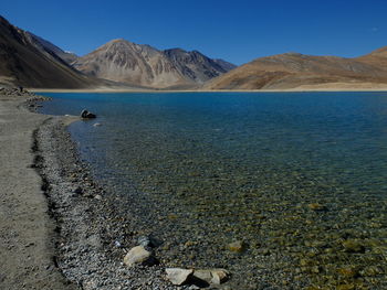 Scenic view of lake against clear blue sky