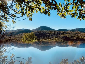 Scenic view of lake and mountains against sky