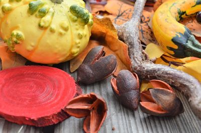 High angle view of pumpkins on table