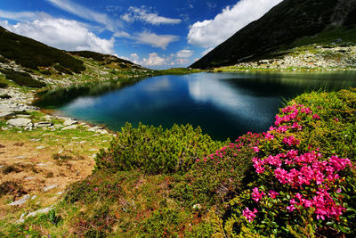 Scenic view of lake and mountains against sky