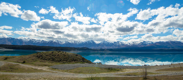 Panoramic view of lake and mountains against sky