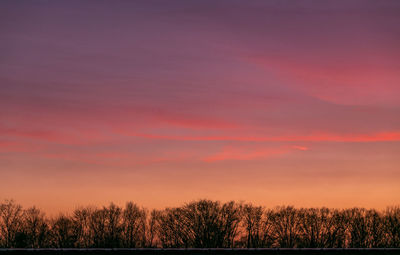 Silhouette trees on field against romantic sky at sunset