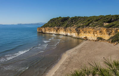 Scenic view of sea against clear blue sky