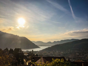 Scenic view of mountains against sky during sunset