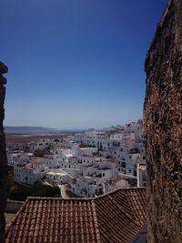 High angle shot of townscape against clear blue sky