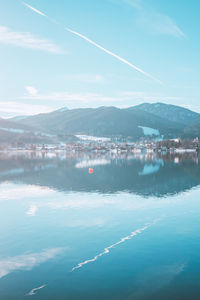 Picturesque fishing village on the coast of the lake tegernsee. alpine mountains, bavaria, germany