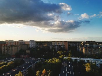 High angle view of buildings against sky