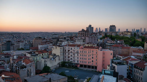 High angle view of townscape against sky during sunset