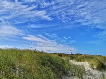 Lighthouse on field against sky