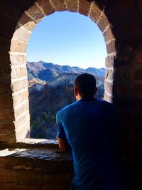 Rear view of man looking at mountains