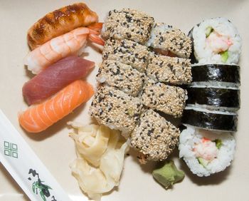 Close-up of sushi served in plate