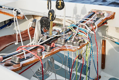 High angle view of sailboats moored in water