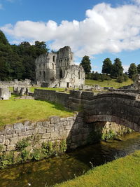 View of old ruin building against cloudy sky