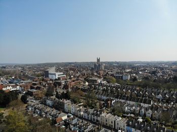 High angle shot of townscape against clear sky