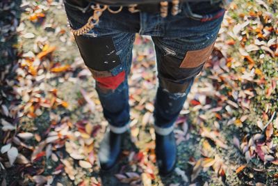 Low section of woman standing on autumn leaves