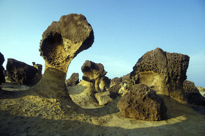 Rock formations on landscape against clear sky