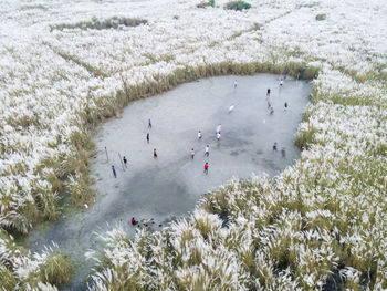 High angle view of frozen lake