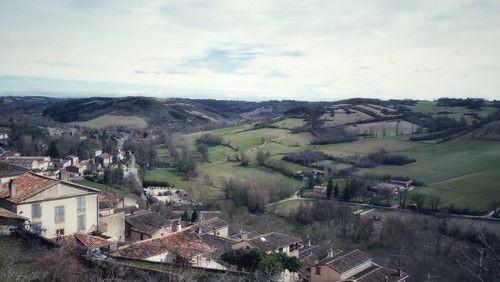 High angle view of houses in a field