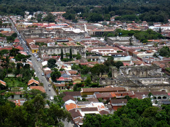 High angle view of buildings in town
