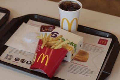 High angle view of breakfast on table